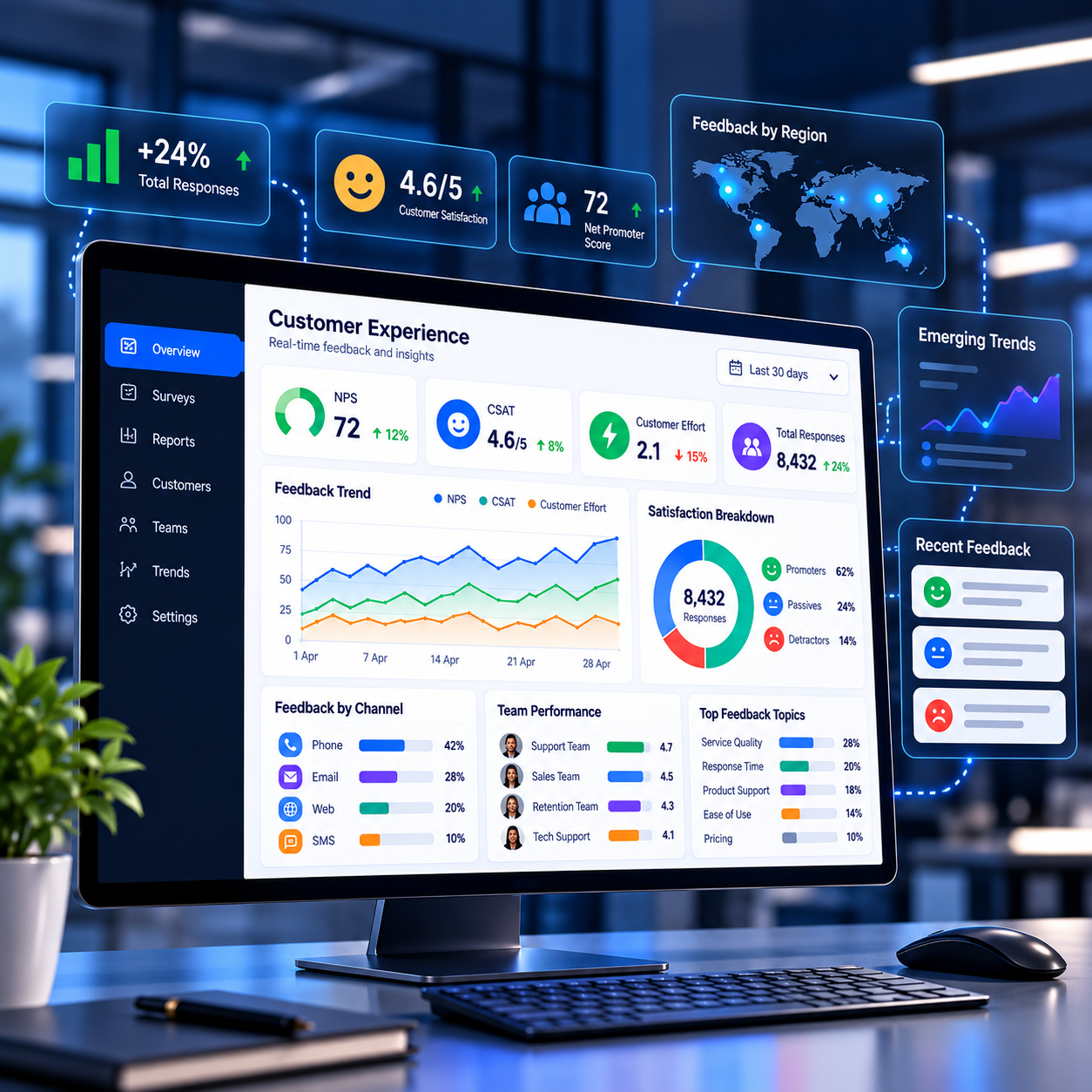 Customer experience analytics dashboard with satisfaction and loyalty metrics